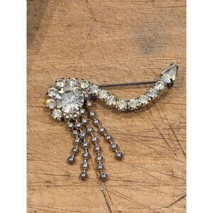 Vintage Rhinestone Brooch With Dangling Beads Crescent Design Silver-Tone Metal